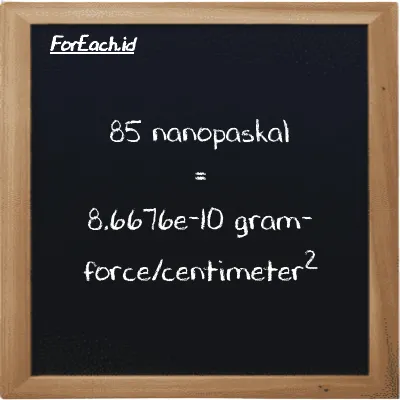 85 nanopaskal setara dengan 8.6676e-10 gram-force/centimeter<sup>2</sup> (85 nPa setara dengan 8.6676e-10 gf/cm<sup>2</sup>)